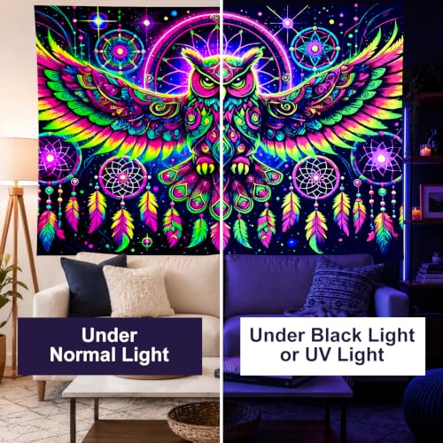 Image of BlissYard Owl Dreamcatcher Blacklight Tapestry Wall Art 78x59 Inch Neon Psychedelic Glow in Dark Backdrop Blacklight Tapestry Trippy Cosmic Bird Feather Scene for Bedroom Dorm Party Room Decorate