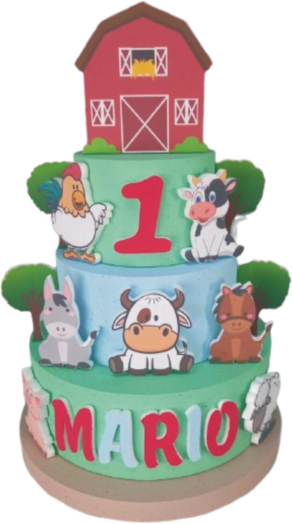 Torta Scenografica TEMA FATTORIA Personalizzata Con Nome e Numero, Compleanno Decorazione per Buffet, Diam Max 35 cm. h. 55 cm Articolo Artigianale in Polistirolo