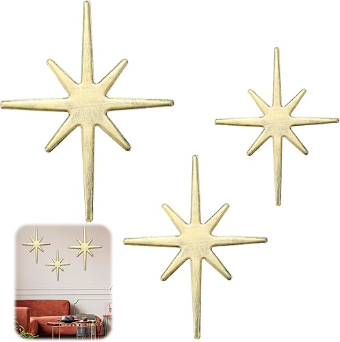 Blulu 3 piezas de hierro fundido Starburst Ecléctico para colgar en la pared, metal de mediados de siglo, moderno para el hogar, 8 estrellas
