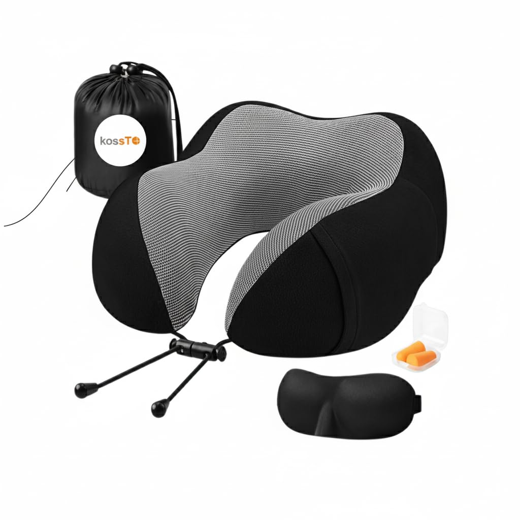 Memory Foam Travel Pillow for Neck Pain Relief, Includes Eye Mask & Noise Isolating Ear Plugs, Portable Combo for Men & Women, Ideal for Long Flights & Road Trips | Velvet Black