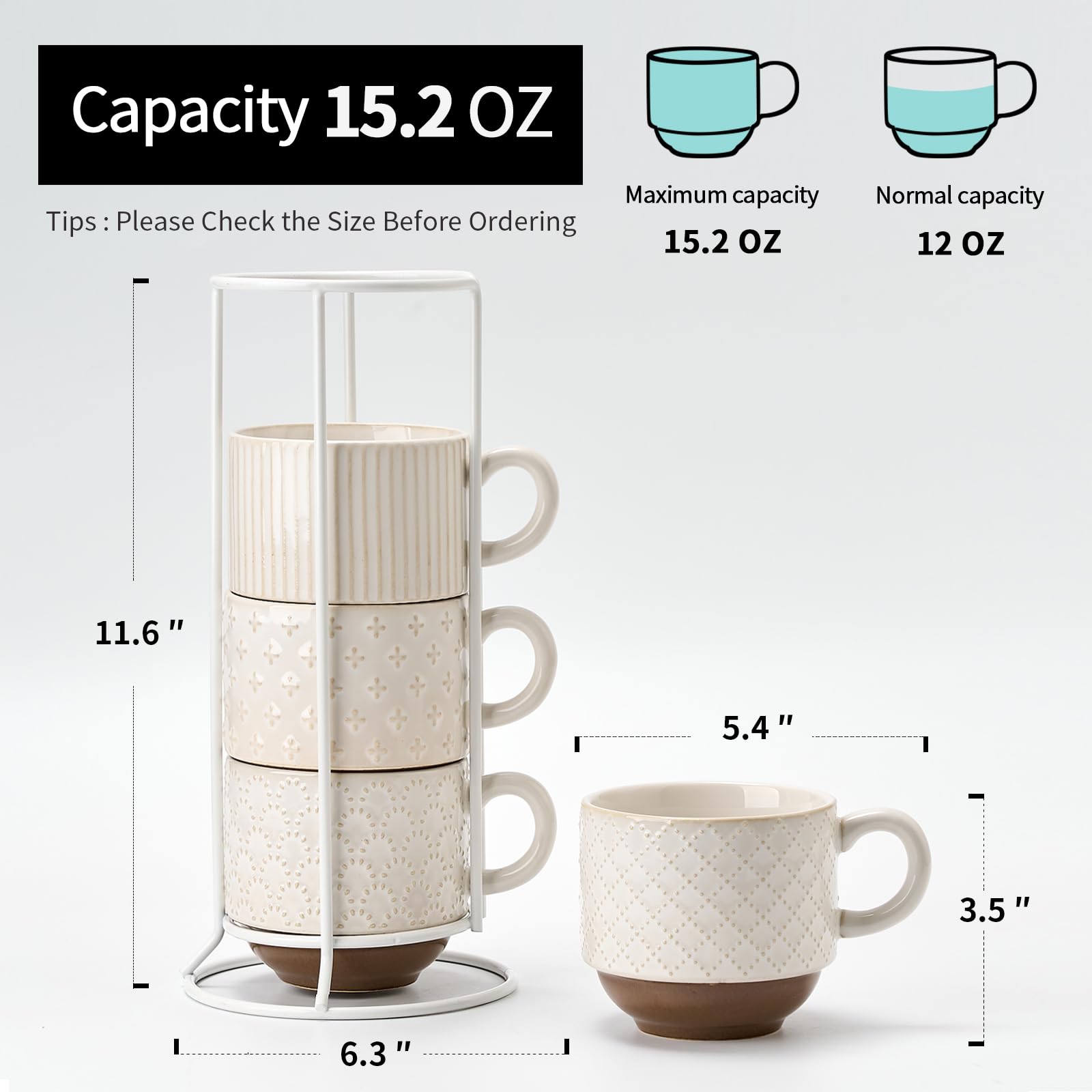 Juego de 4 tazas de café grandes de cerámica con soporte, apilables, de 15 onzas, diferentes relieves, para capuchino, té, cacao caliente, bebidas, aptas para lavavajillas y microondas,
