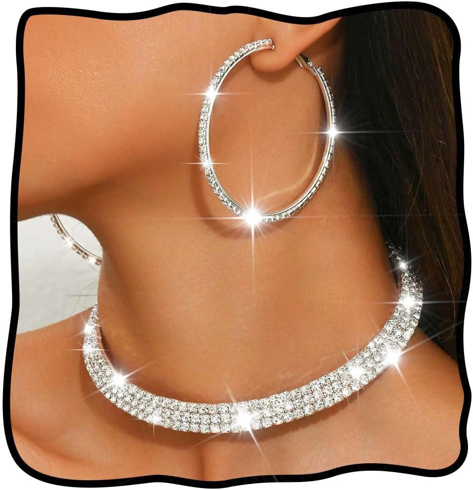 Nicute Rhinestone Necklace Jewelry Set Silver Necklace and Hoop Earrings Crystal Wedding Choker Jewelry for Women