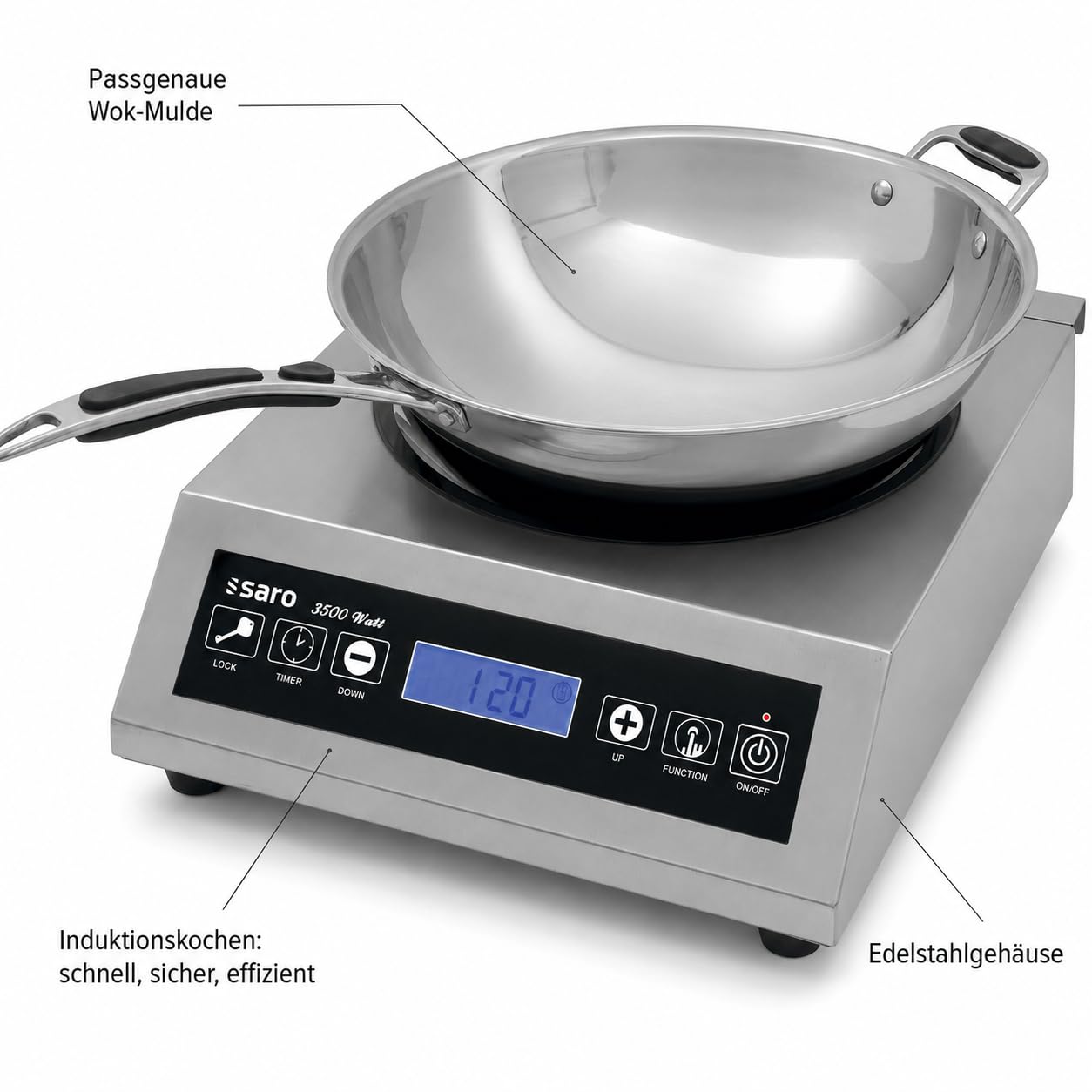 SARO Induktions-Wokkochfeld – Inkl. Wok – 10 Heizstufen – Timer – Edelstahlgehäuse – Temperatur 60–240 °C – 3,5 kW – Modell LOUISA