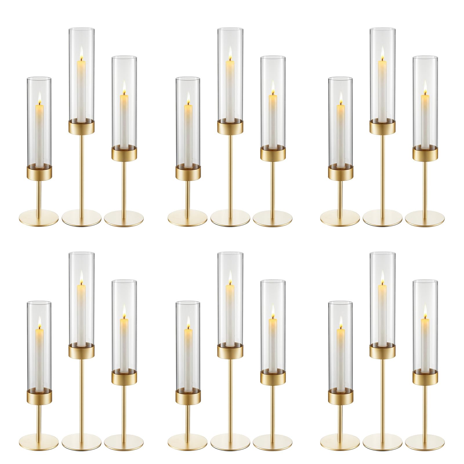 VEVOR Bougeoirs Ouragan Lot de 18, Bougeoirs Cylindriques en Verre avec Support en Métal Doré pour Mariage, Fête et Décoration Intérieure, Centres de Table à Hauteurs Variées, Protection Coupe-Vent