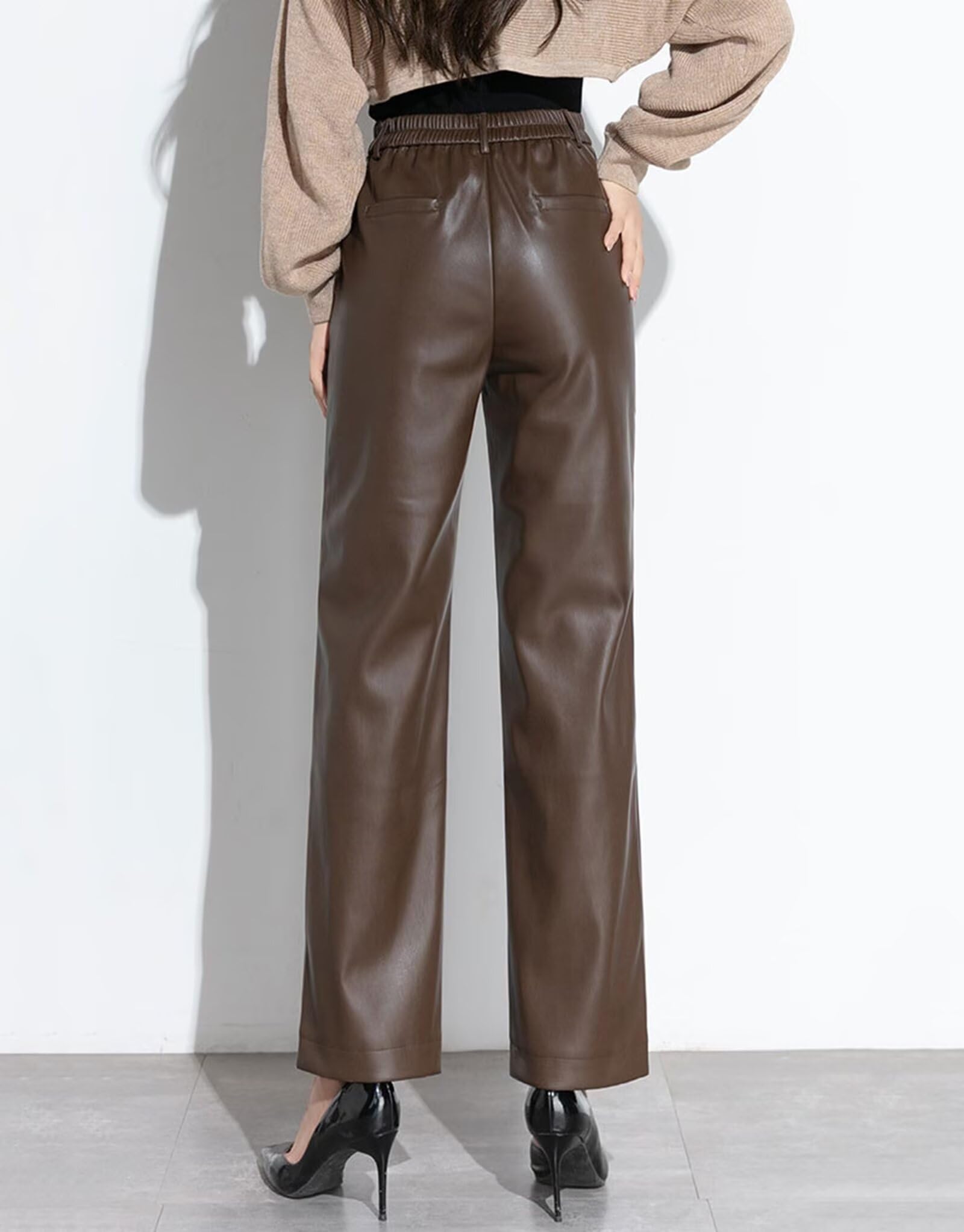 HNVAVQ Pantalón Mujer Cuero Cintura Alta Pantalón Pierna Recta Elegante Oficina