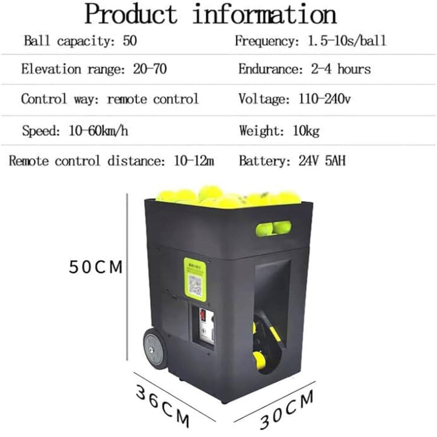 Lanciapalle da tennis portatile, lanciatore automatico di palline da tennis, angolo di lancio regolabile, velocità, 50 grande capacità, per allenamento di tennis,competizioni,insegnamento