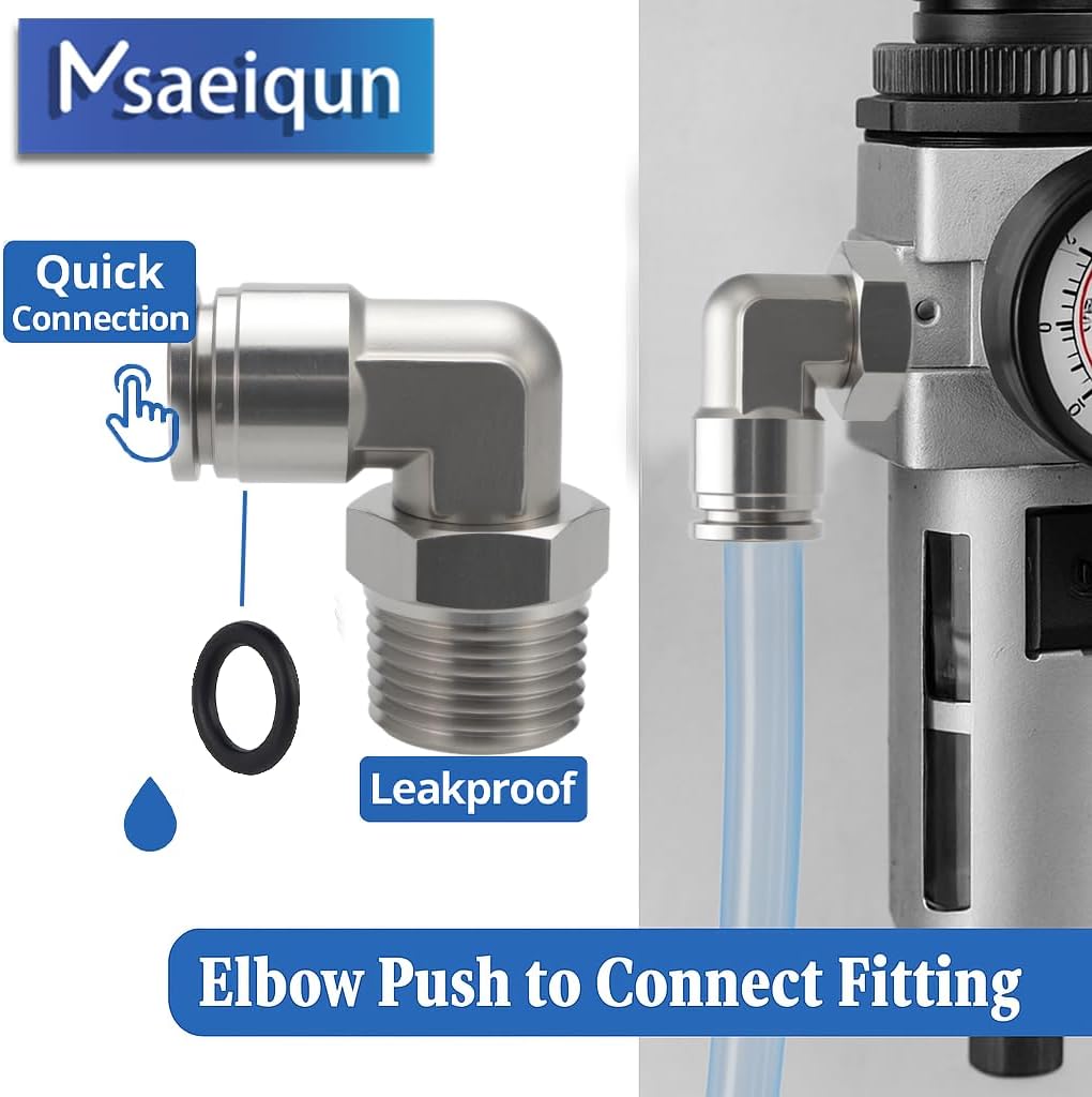 Stainless Steel 1/2 Air hose fittings, Push to Connect Air fittings Male Elbow 1/2 Inch Tube OD x 1/2 NPT Thread Fitting (Pack of 2)