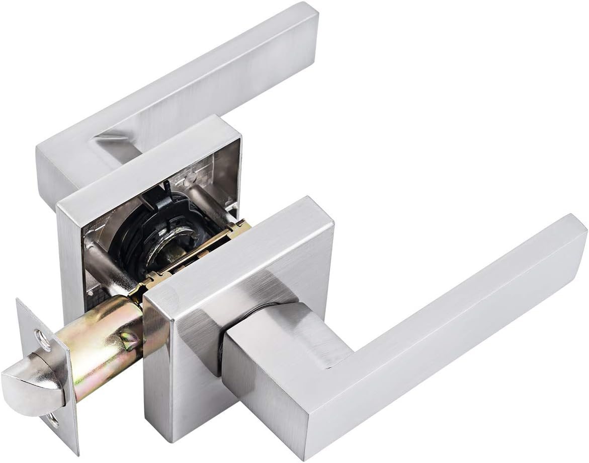 Passage Door Lever Satin Nickel Square Interior Door Handle, Hall and Closet Lockset Handleset，Heavy Duty Non-Locking Lever Set for Left or Right Handing.