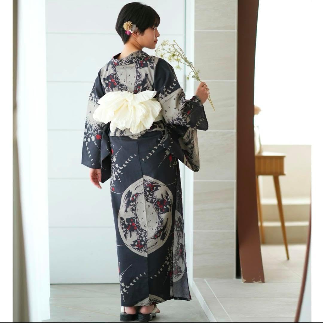 【ニコアンティーク 高級変わり織 浴衣3点セット モダンブラックに遊ぶ鳥の影絵】 ニコアンティーク 高級変わり織 浴衣3点セット モダンブラックに遊ぶ鳥