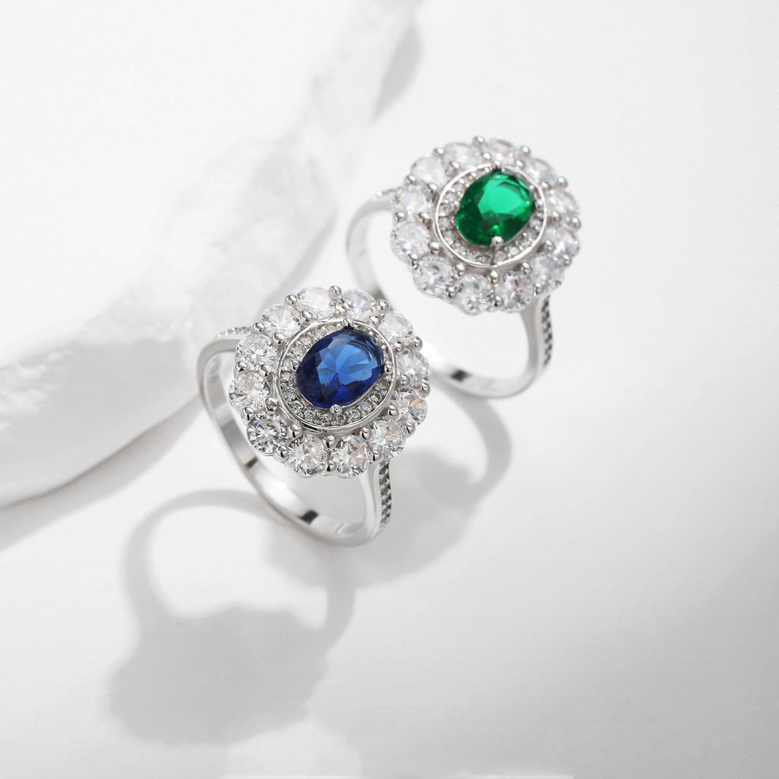 Daesar Anello Oro Bianco Fidanzamento 14K, Fedi Nuziali Donna Fiore Lusso con Smeraldo Sintetico Ovale da 1ct e Moissanite Rotonda Anelli Matrimonio Oro Bianco per Mamma, Fidanzata, Sposa