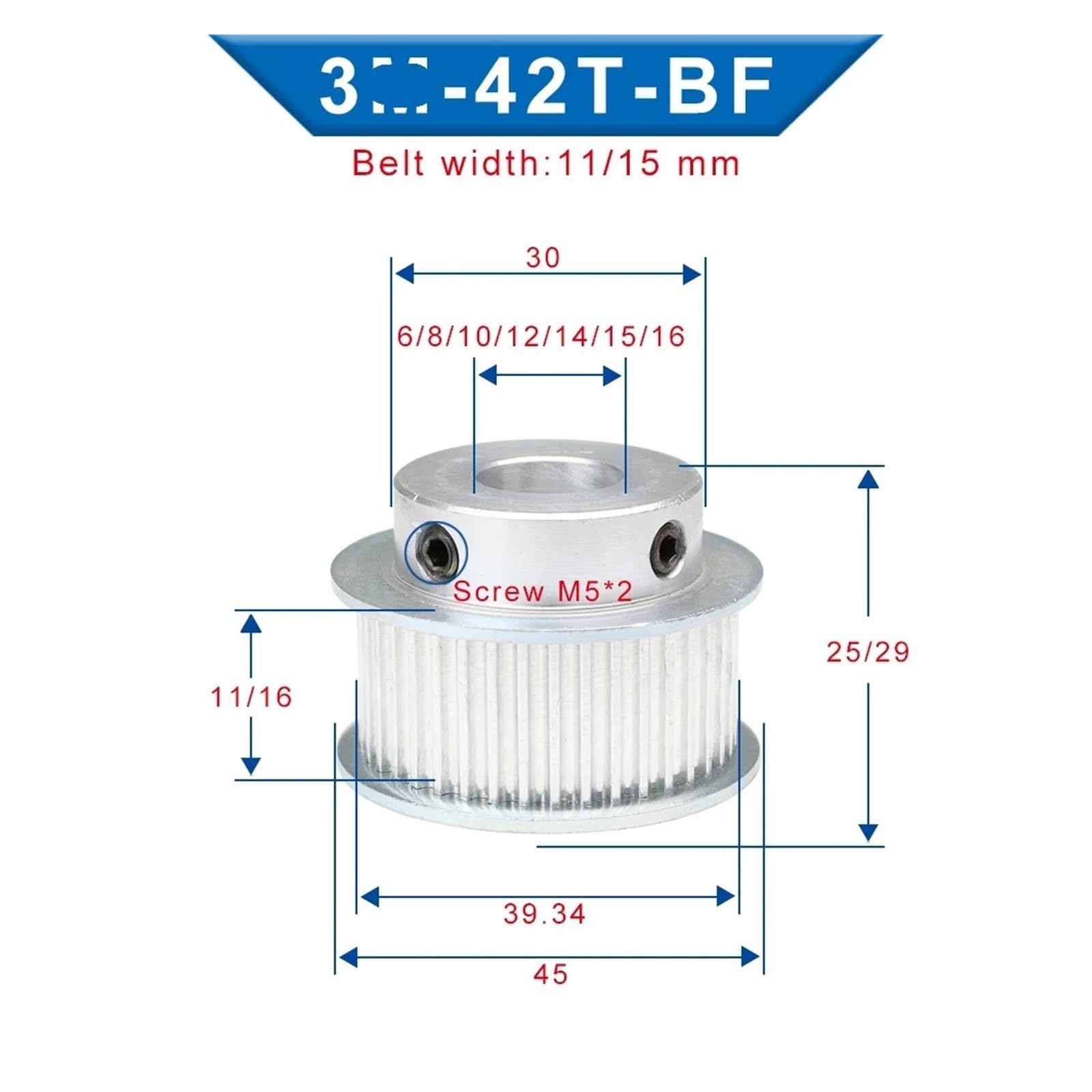 Puleggia dentata in alluminio 42T BF a forma di foro interno 6/8/10/12/14/15/16 mm Design a 3 modalità per cinghia dentata Larghezza cinghia 15 mm e durevole ideale per varie applicazioni