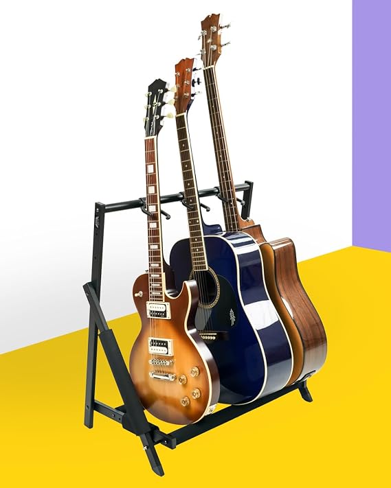 Stage Rocker Multi Guitar Stand, Foldable 3 Holder Rack with Adjustable Height & Width, Easy Assembly & Storage, Reliable Soft Foam Padding to Protect Acoustic or Electric Guitars & Basses, Black.
