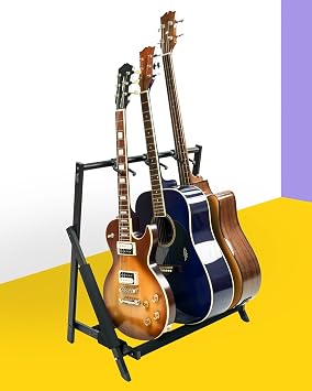 Stage Rocker Multi Guitar Stand, Foldable 3 Holder Rack with Adjustable Height & Width, Easy Assembly & Storage, Reliable Soft Foam Padding to Protect Acoustic or Electric Guitars & Basses, Black.