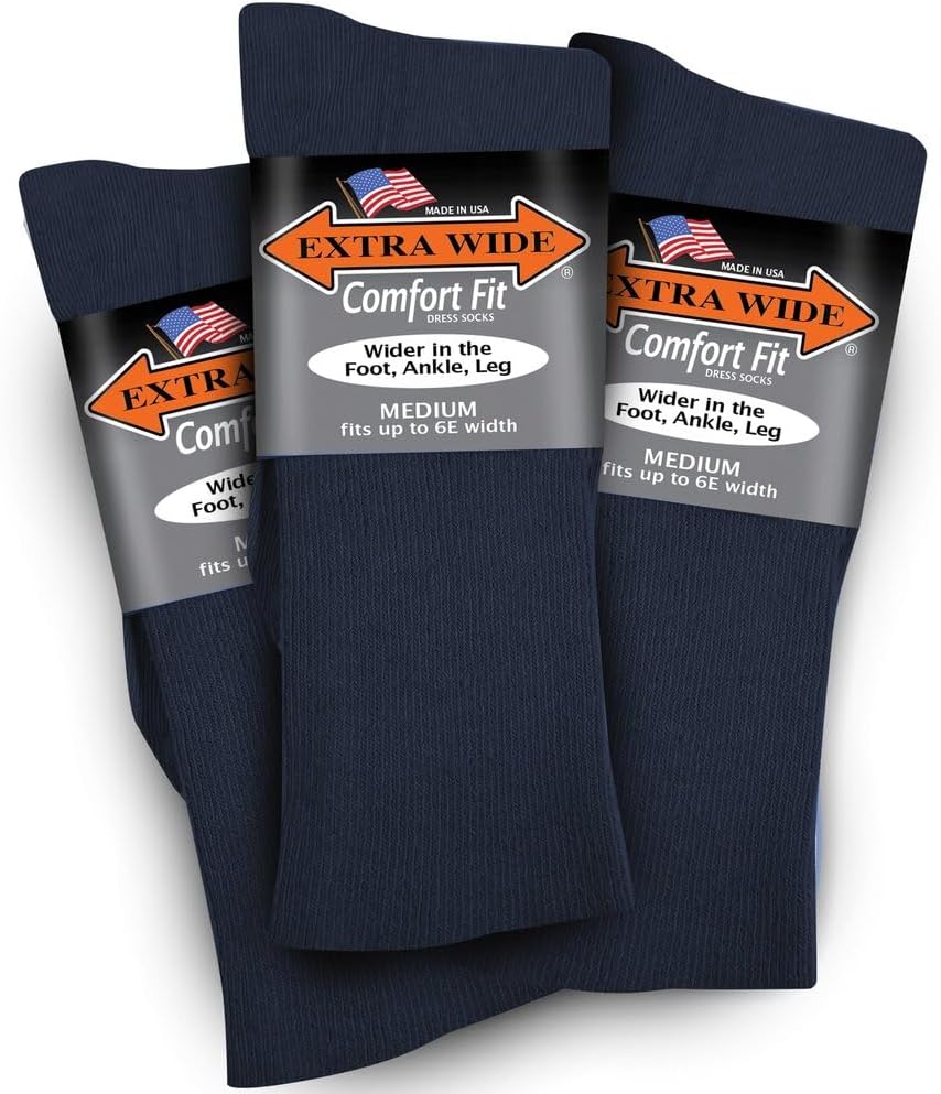 Extra Wide Lightweight Cotton Crew Comfort Fit Dress Socks (Pack of 3) Made in the USA
