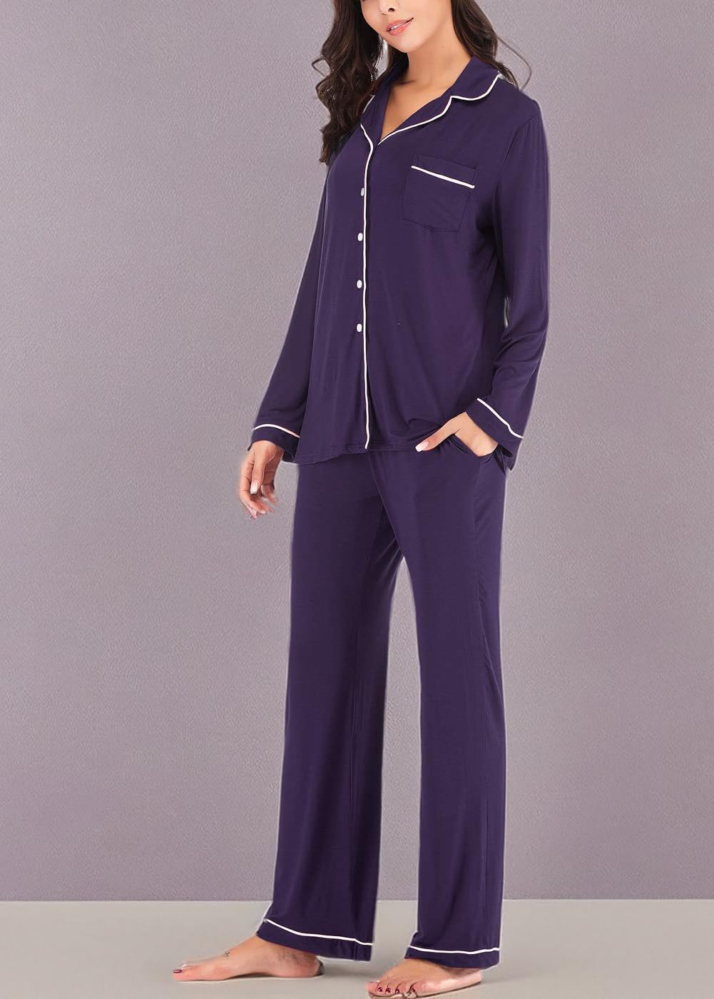 Aamikast Women's Pajama Sets Long Sleeve Button Down Sleepwear Nightwear Soft Pjs Lounge Sets