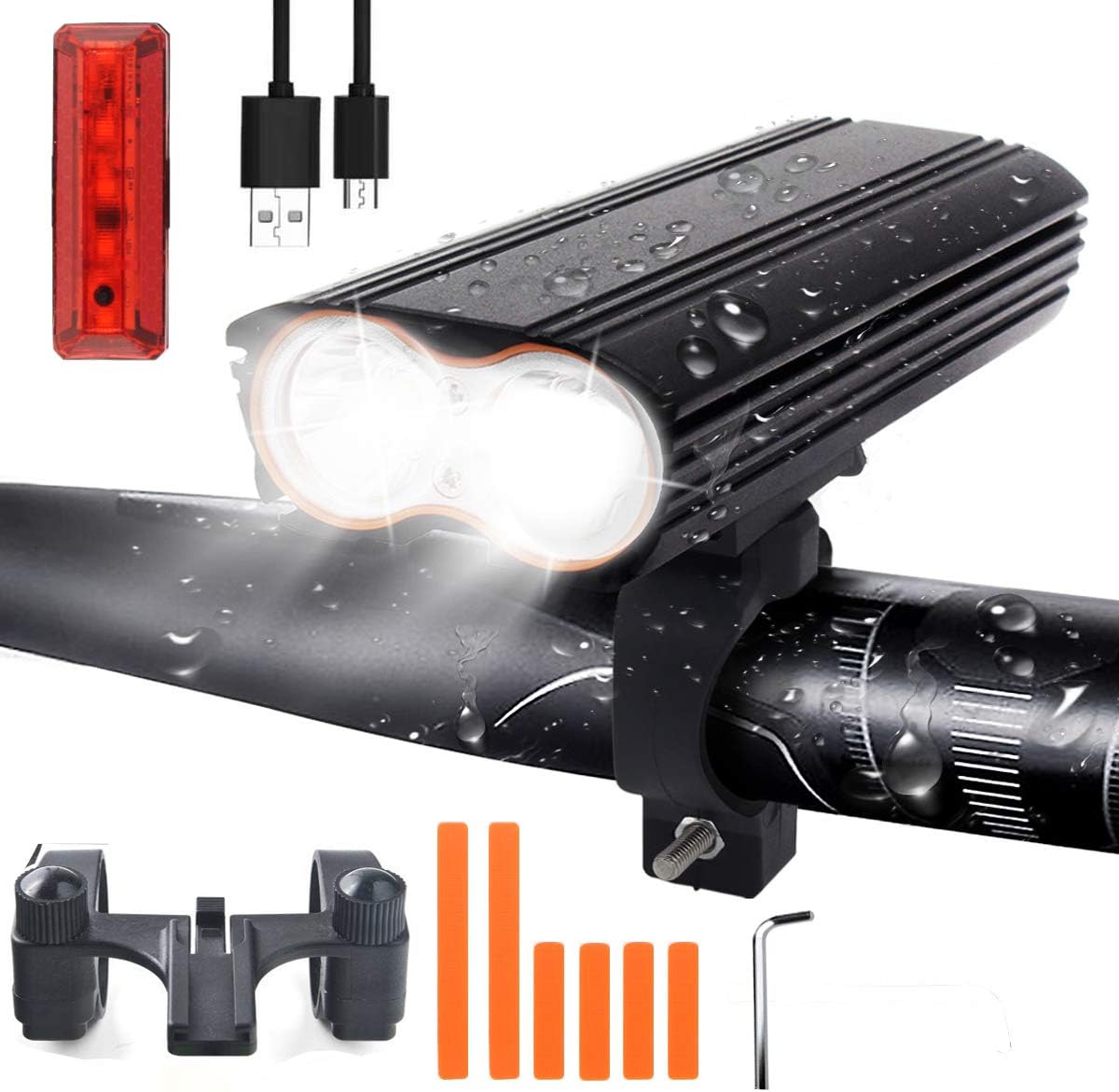 LED Bike Light Set, USB Rechargeable Bike Light Set with 4 Light Modes, 1200 Lumen Dual LED Light Beads Mountain Bike Light, IP65 Waterproof Bicycle Light Set for Night Rider, Cycling and Camping
