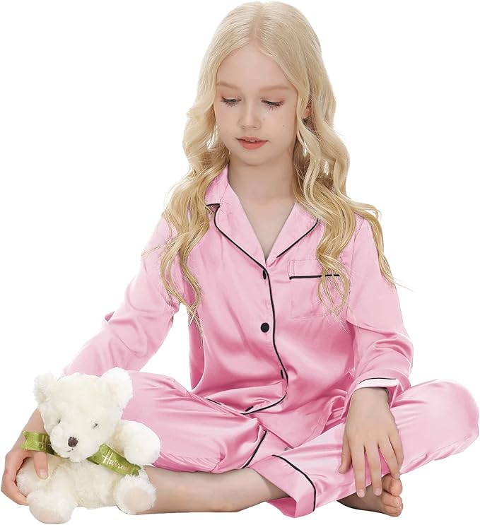 Pigiama Bambini In Raso - Completo Maniche Lunghe Con Fiocchi E Bottoni, Top E Pantaloni, Per Autunno/Inverno - Foto 8