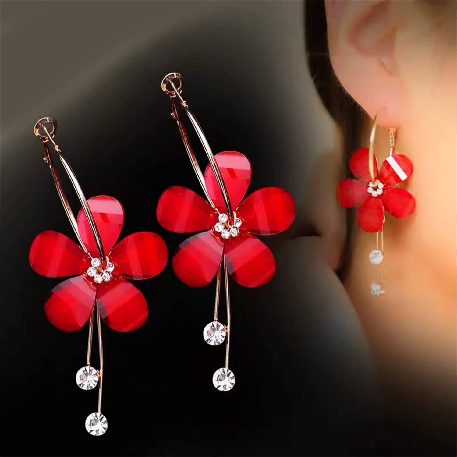 Elegant Romantic Bohemian Crystal Acrylic Rose Flower Dangle Drop Earrings Exaggerated Sparkly Five Leaves Flower Round Hoop long Tassel Earring for Women Statement Jewelry Gifts - Image 5