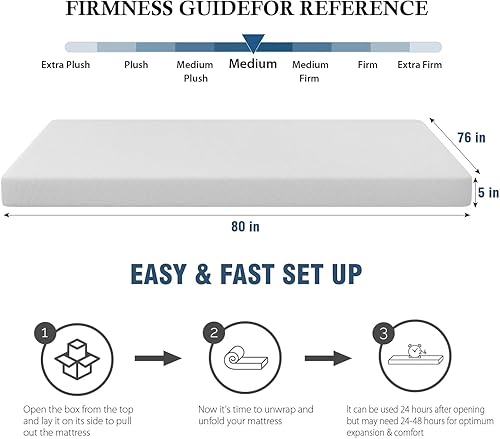 Miniatura 2 de Colchón King de espuma viscoelástica de 5 pulgadas con certificado CertiPUR-US para sueño fresco y alivio de presión, colchón de firmeza media con