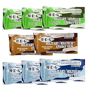 MEG – Military Energy Gum | 100mg of Caffeine Per Piece + Increase Energy + Boost Physical Performance + Multi Flavors of Arctic Mint , Spearmint, & Cinnamon + 8 Packs (40 Count)