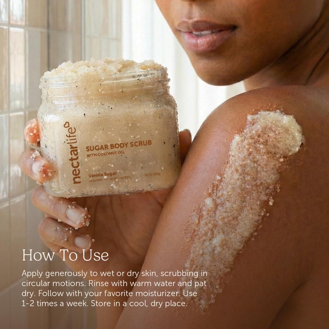 Nectar Life Exfoliating Sugar Scrub, Moisturizing Body Scrub with Coconut Oil & Shea Butter, Pre Shave Exfoliator (16 Ounce, Vanilla)