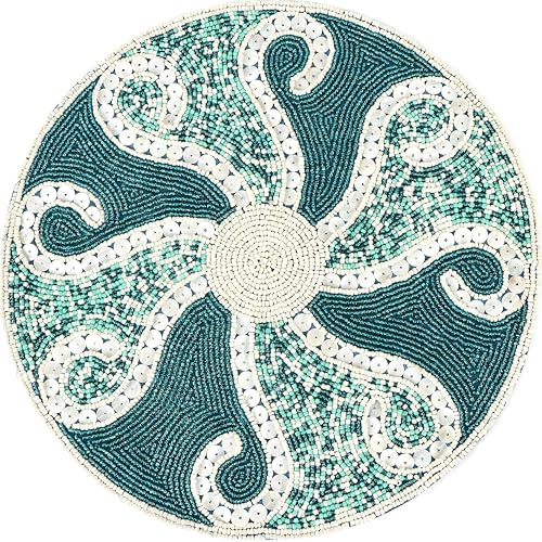 ALPHA Living HOME 13” Handmade Beaded Placemats – Elegant Round Charger Plate | Non-Slip, Stain-Resistant | Decorative Dining Table Mat for Kitchen, Wedding, Party, Holiday, Home Décor (Teal Ivory)