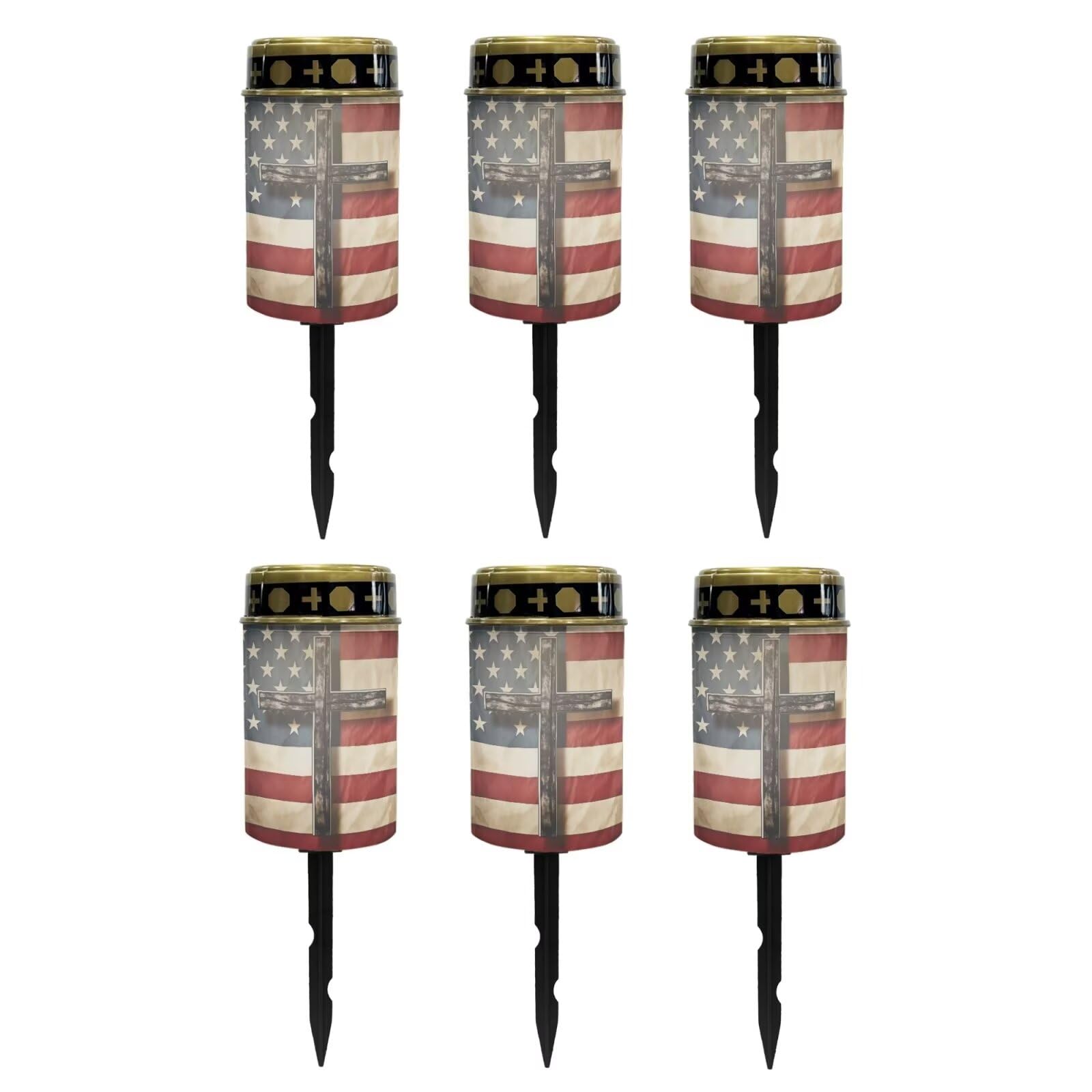 Poceacles Cross Solar Pathway Lights Outdoor Grave Solar Lights Outside Waterproof Cemetery Flameless Candles Outdoor Solar Candle Grave Markers Eternal Decor, American Flag Cross, Pack of 6
