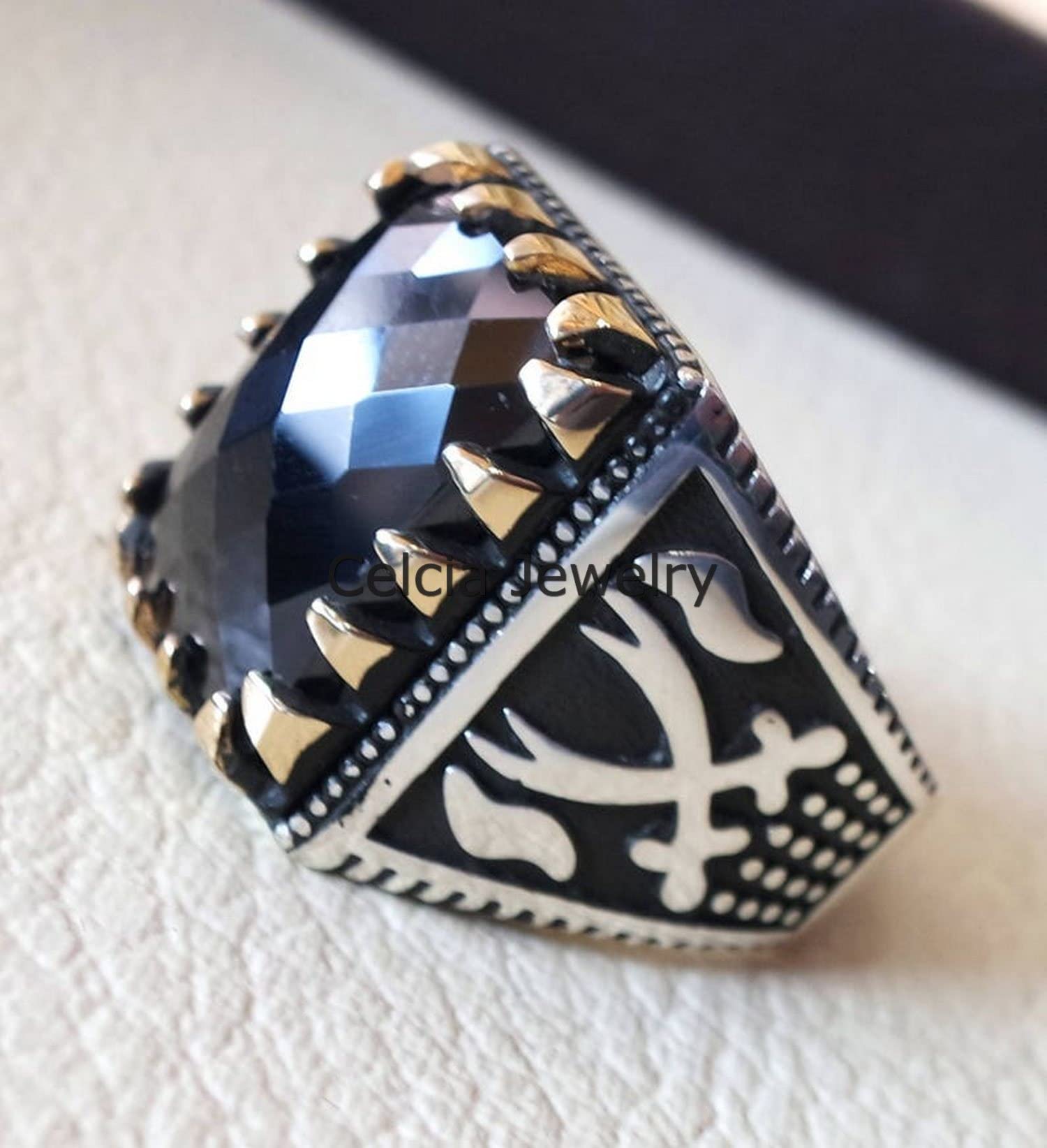 Edelstein-Checker-Ring, Siegelring für Herren, Statement-Ring, Verlobungsgeschenke, silberner Emaille-Ring, bester Februar-Geburtsstein-Ring