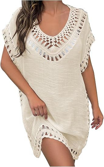 Bathing Swimsuit Cover Up for Women Hollow Out Trim Loose Fit Solid Color Boho Summer Travel Bikini Beach Mini Dress