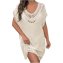 Bathing Swimsuit Cover Up for Women Hollow Out Trim Loose Fit Solid Color Boho Summer Travel Bikini Beach Mini Dress