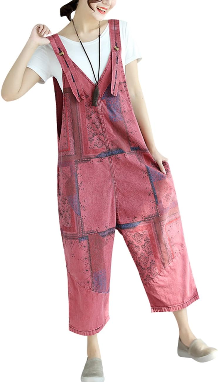 Women's Summer Printed Patchwork Overalls Denim Jumpsuits