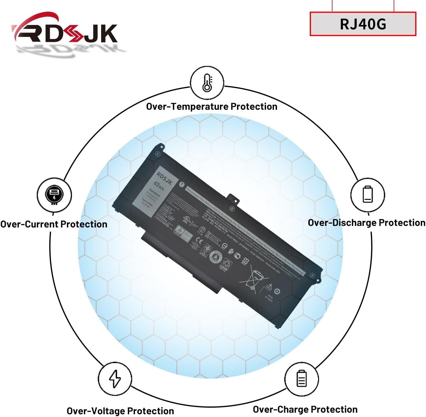RJ40G 63Wh Laptop Battery for Dell Latitude 14 5420 Latitude 15 5520 Precision 15 3560 F3T9T Series P137G P137G001 P104F P104F001 P104F002 M033W 01K2CF 075X16 WY9DX 0WK3F1 0M3KCN 005R42 15.2V 3941mAh