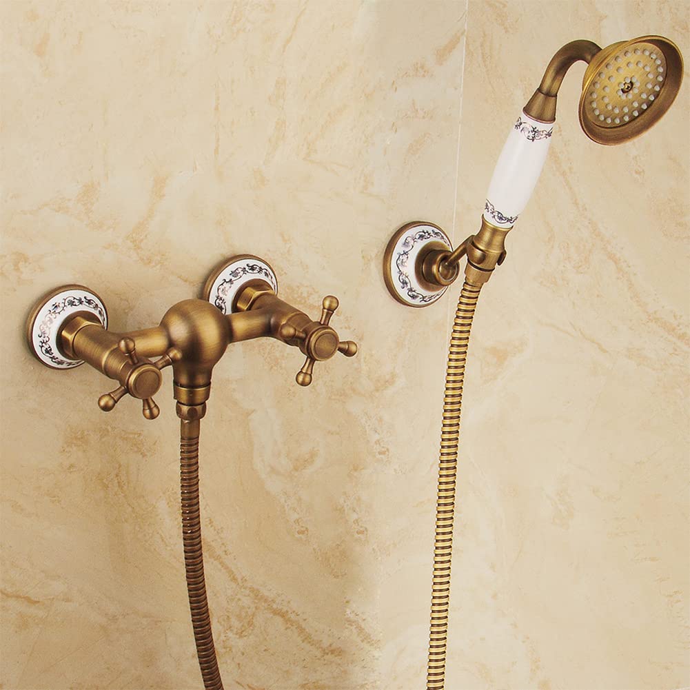 Grifo de baño retro de latón montado en la pared, grifo mezclador de baño de doble mango con ducha de mano bronce h Ele accesorio de baño para Classic Sle