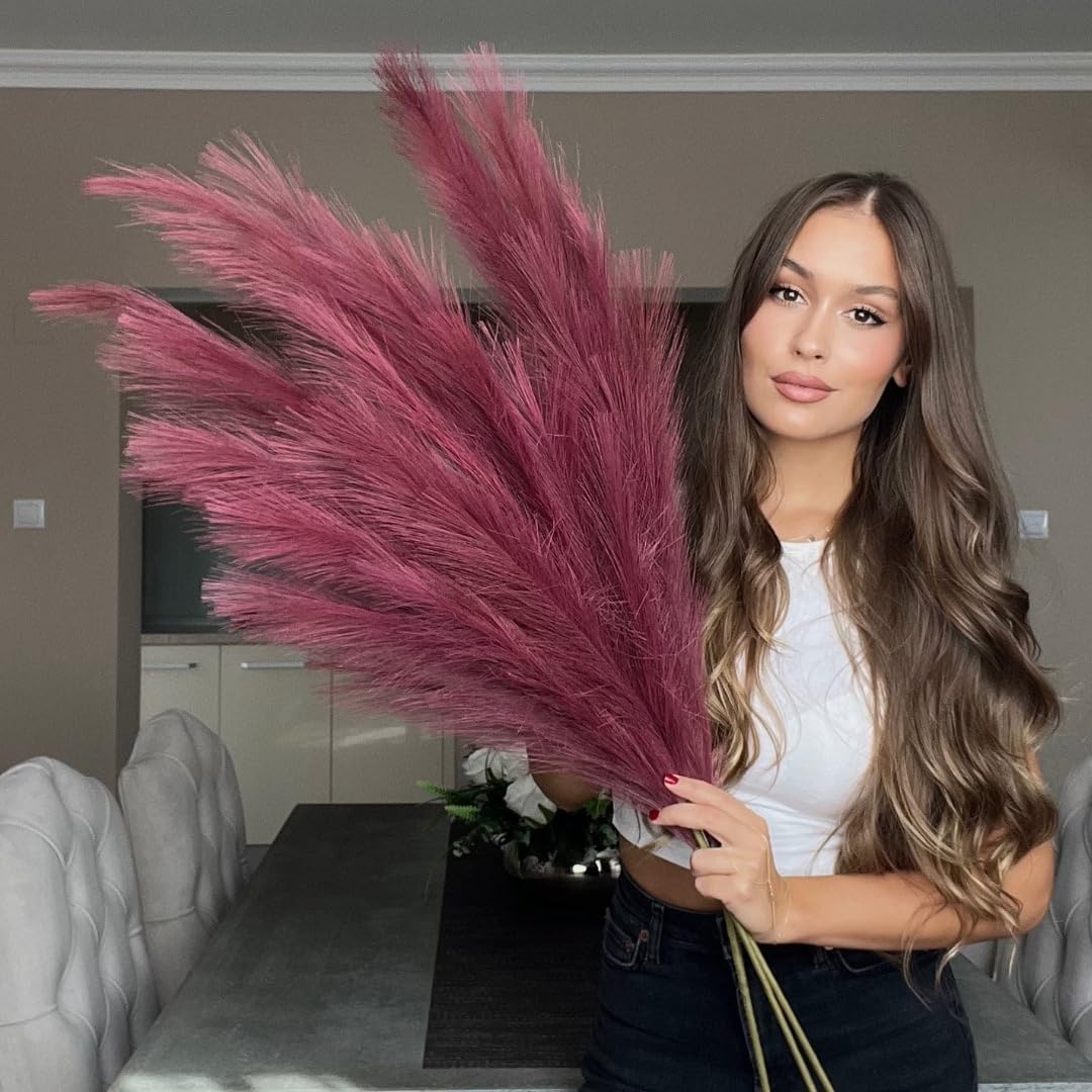 Grande erba di pampa sintetica con 3 steli, altezza 115 cm, soffici fiori artificiali secchi, decorazione in molti colori: rosa confetto, bordeaux, rosso, erica lavanda - Italia