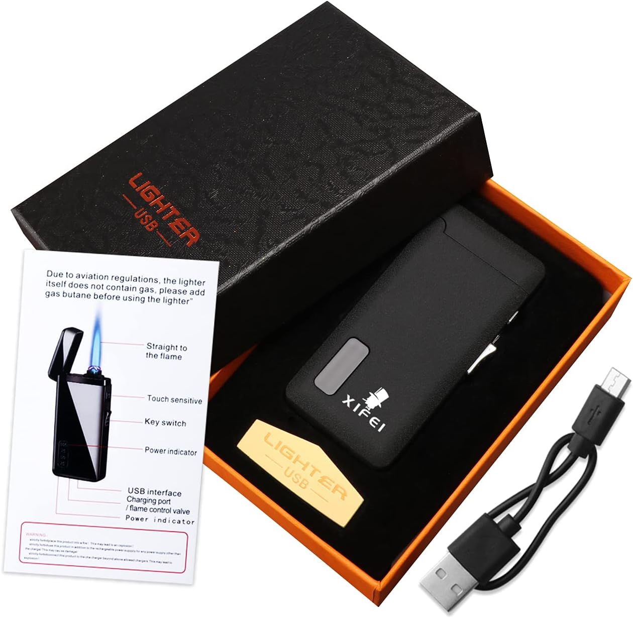 XIFEI Dual Arc Butane Lighter, Refillable Butane Windproof Plasma Portable USB Rechargeable with LED Display Power 2 in 1 Lighter- for Camping,Hiking,Outdoor Adventure, Survival Tactical