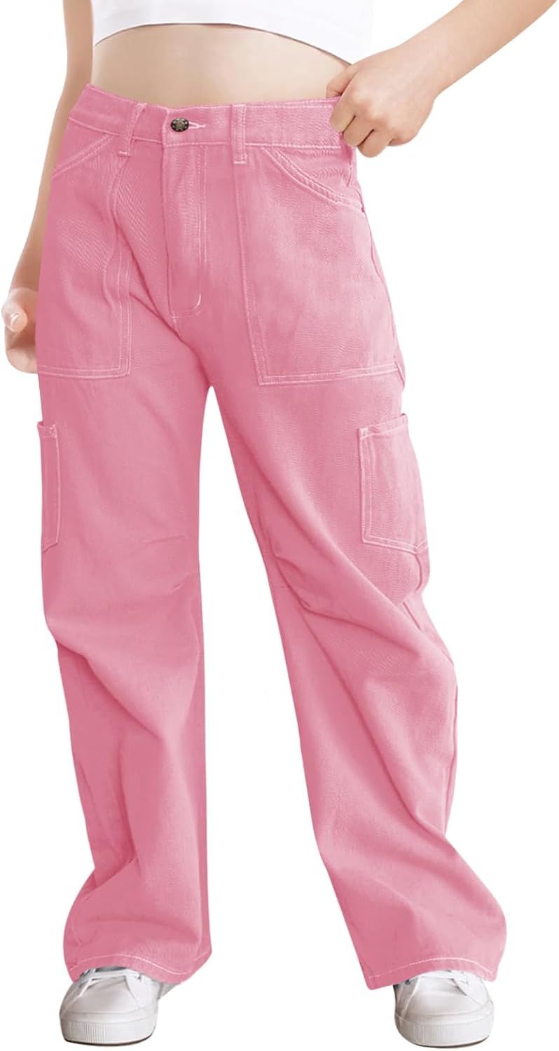 Haloumoning Girls Cargo Pants Kids Fashion Baggy Wide Leg Trousers with Pockets 5-14 Years Haloumoning Girls Cargo Pants Kids Fashion Baggy Wide Leg Trousers with Pockets 5-14 Years