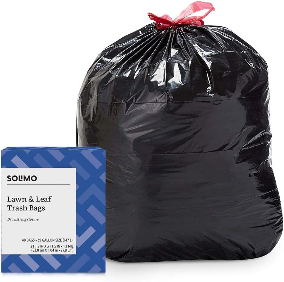 Amazon Brand - Solimo Lawn & Leaf Drawstring Trash Bags, Unscented, 39 Gallon, 40 Count (Pack of 1)