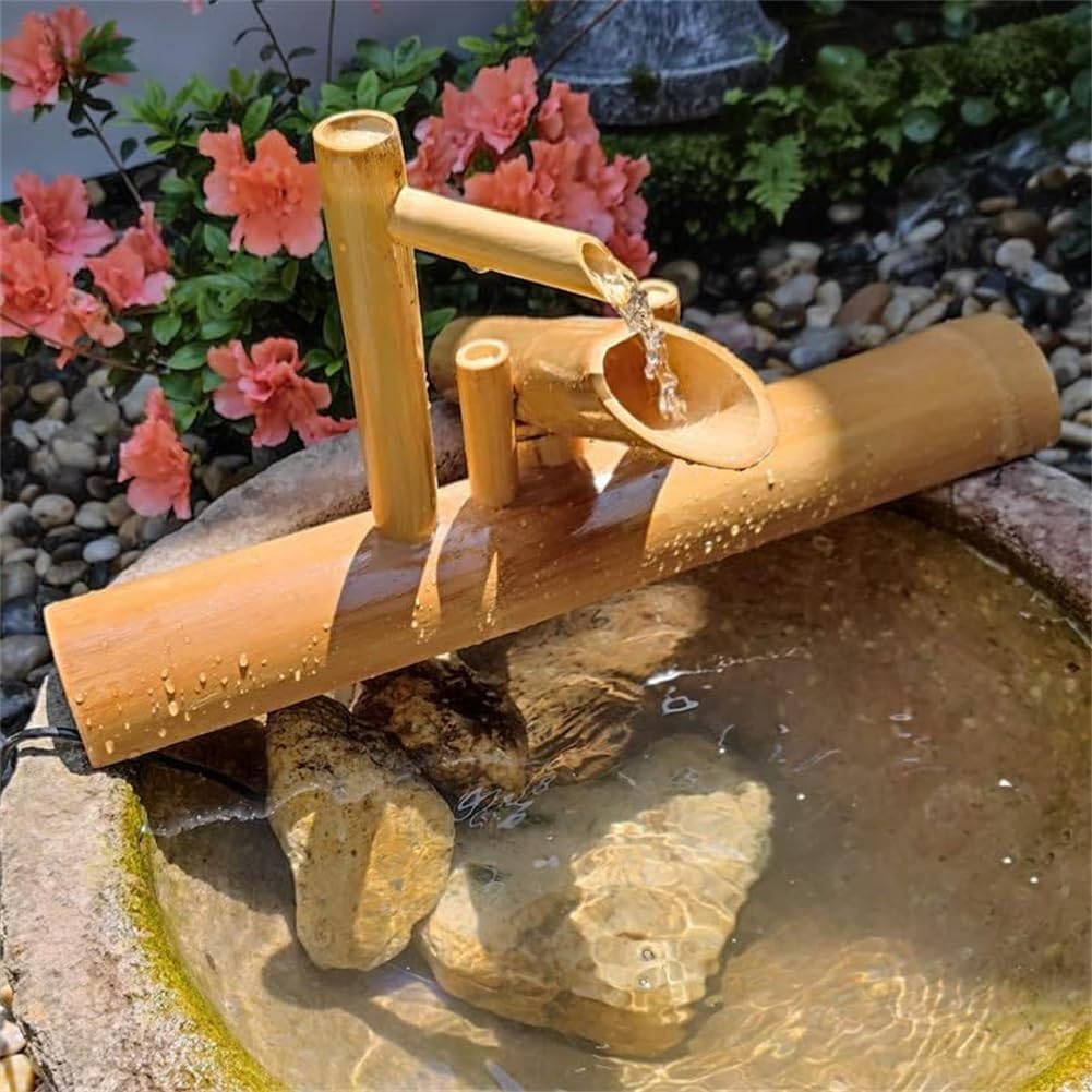Fontana a Cascata in bambù alimentata a energia Solare, Fontana da Giardino Giapponese, ugello a Cascata per Esterni Realizzato al 100% a Mano,25CM