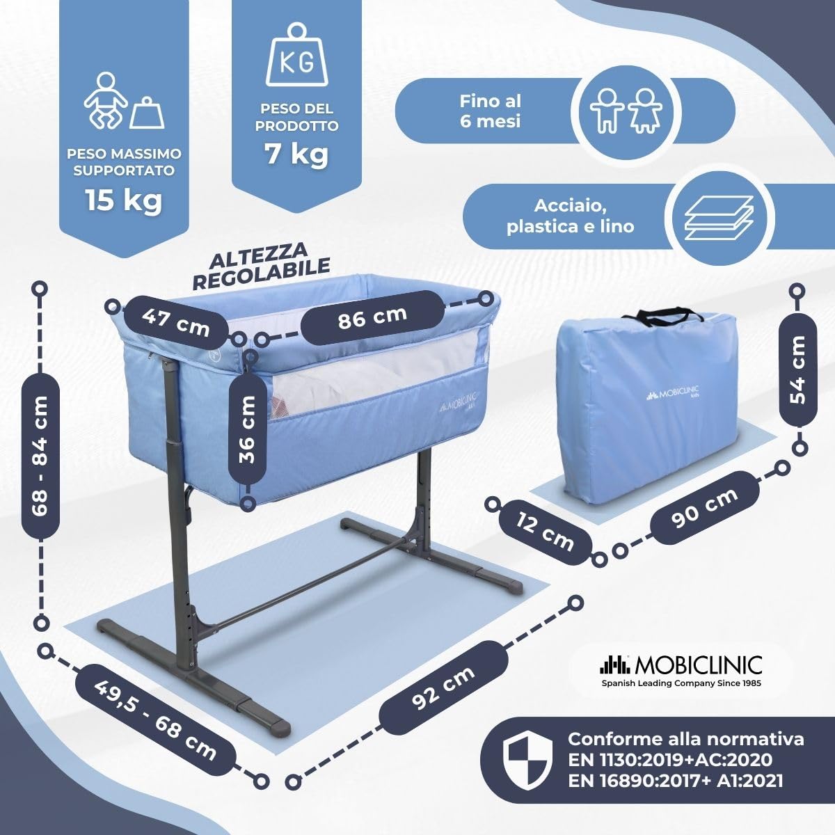 Mobiclinic®, Culla Neonato, Culla Co-Sleeping, 2 in 1, Sistema di Fissaggio del Letto, Regolabile 5 altezze, Borsa trasporto, Ruote, Rete traspirante, Base imbottita, Moon