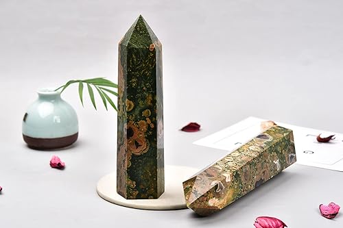 Miniatura 5 de AMOYSTONE Varita de jaspe de bosque lluvioso, columna hexagonal de cristal curativo, varita de cristal irregular natural, 6 puntos, torre de jaspe