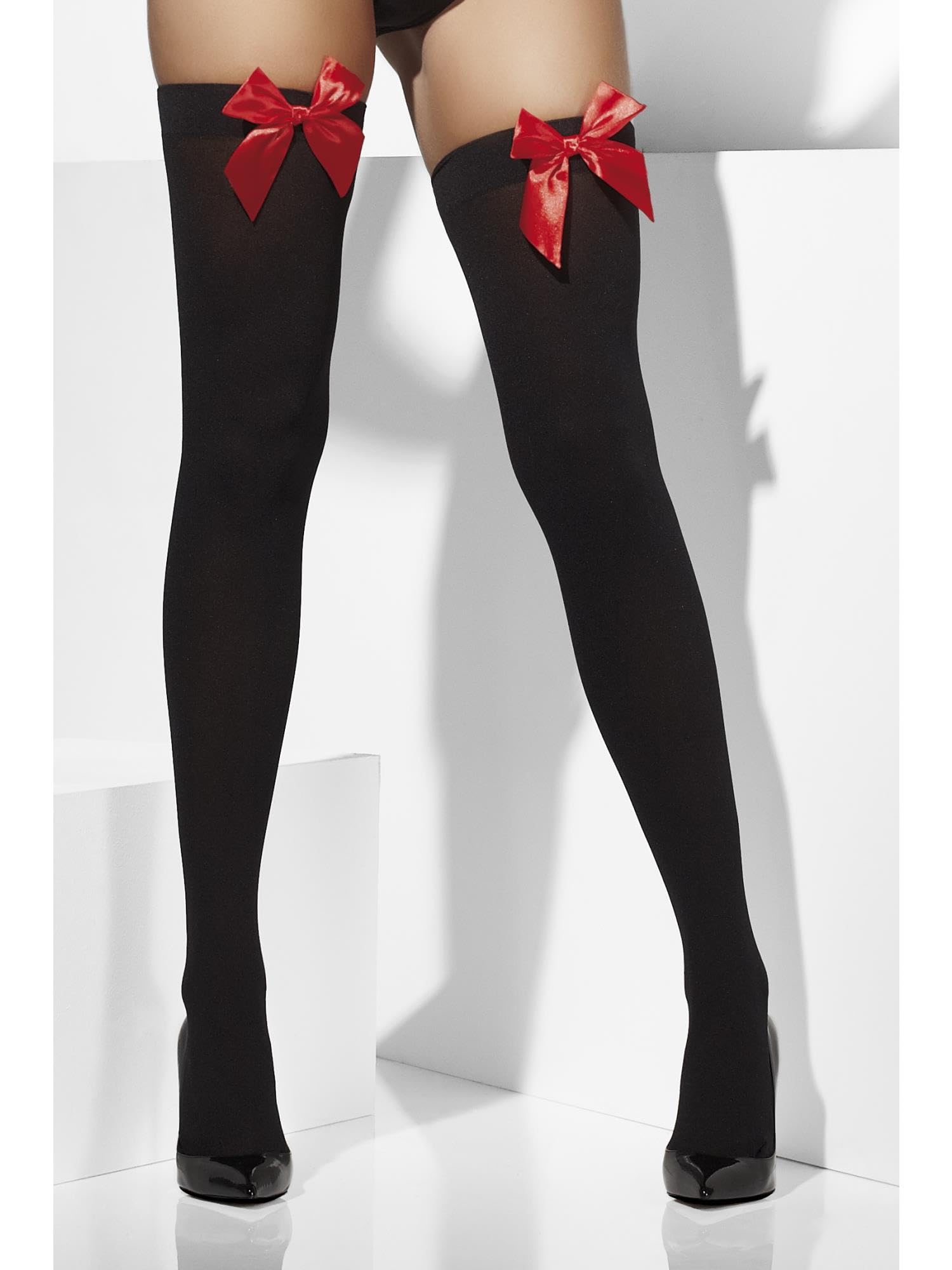 Smiffys Opaque Hold-Ups for Women, Black with Red Satin Bows, Elegant Fancy Dress Stockings for Halloween, Burlesque, Costume Parties &Themed Events, One Size Hold-Ups Accessory for Adult Costumes