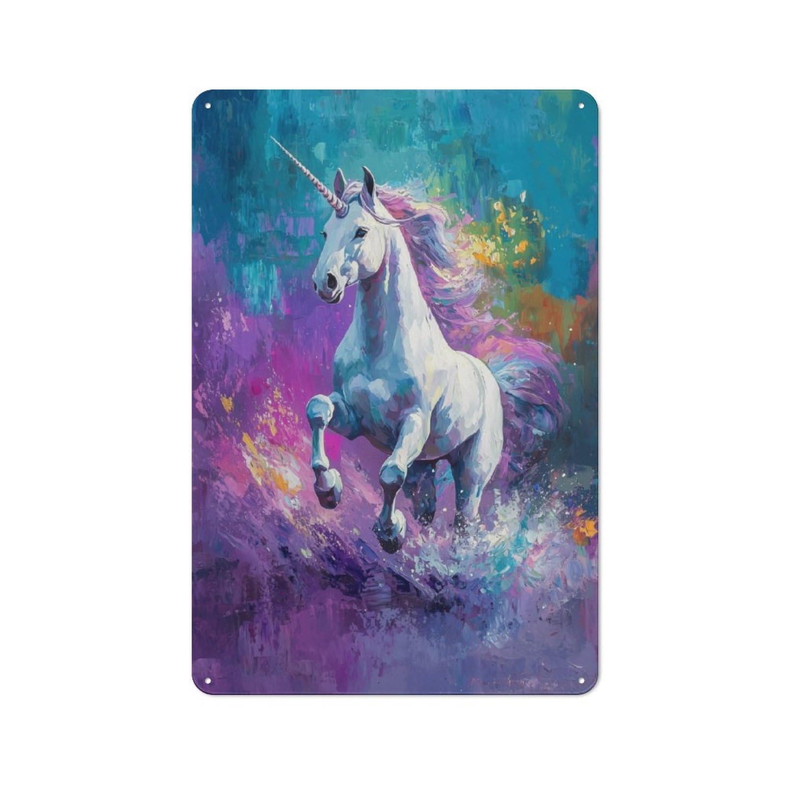 Junmoney White Unicorn Running Vintage Metal Sign 30X20cm, Bistro Style Bistro Wall Plaque For Cafe, Bistro, Bakery Or Restaurant