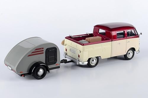 Miniatura 4 de Motormax 79673 - Camión pickup Volkswagen T1 color morado y crema con tabla de surf, accesorios y remolque de lágrima gris 124 modelo de automóvil