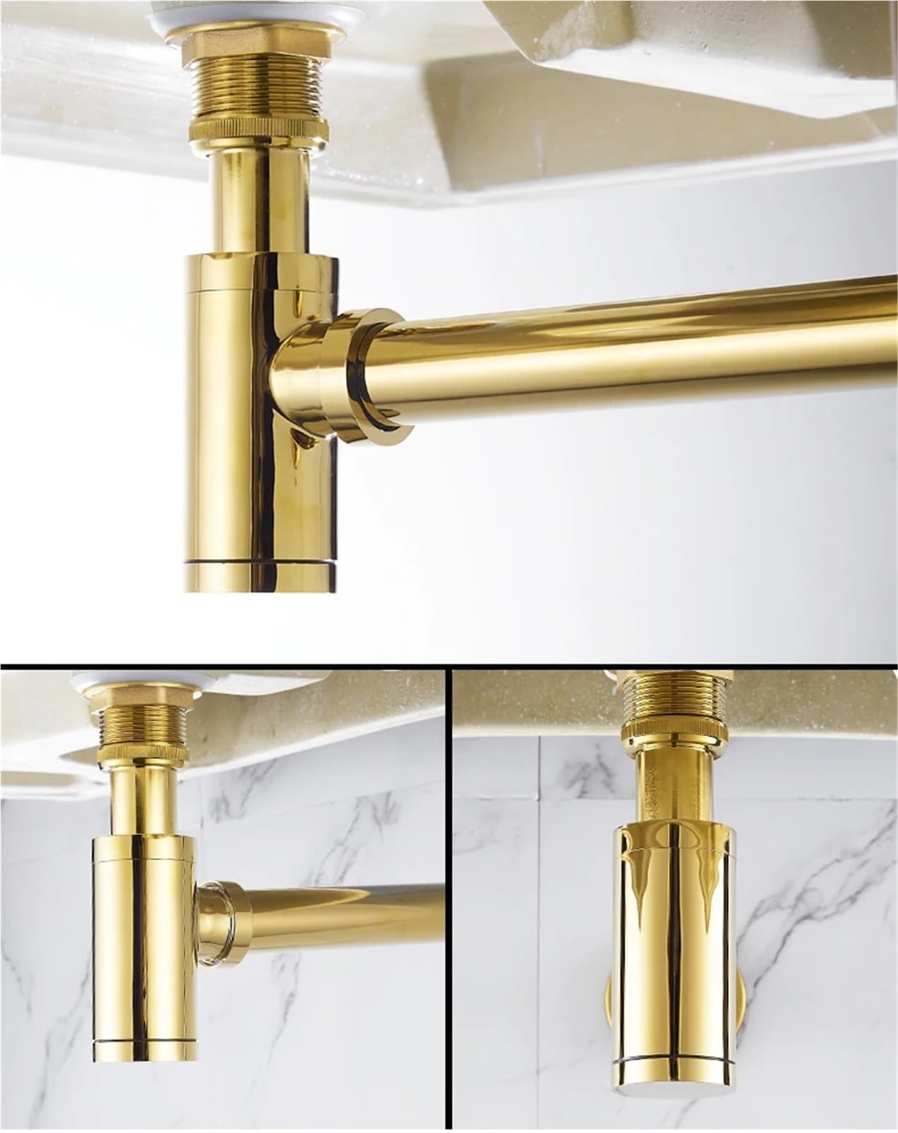 Kit de bonde lavabo en laiton avec siphon et tuyau d'évacuation pour Lavabo Evier(Golden)