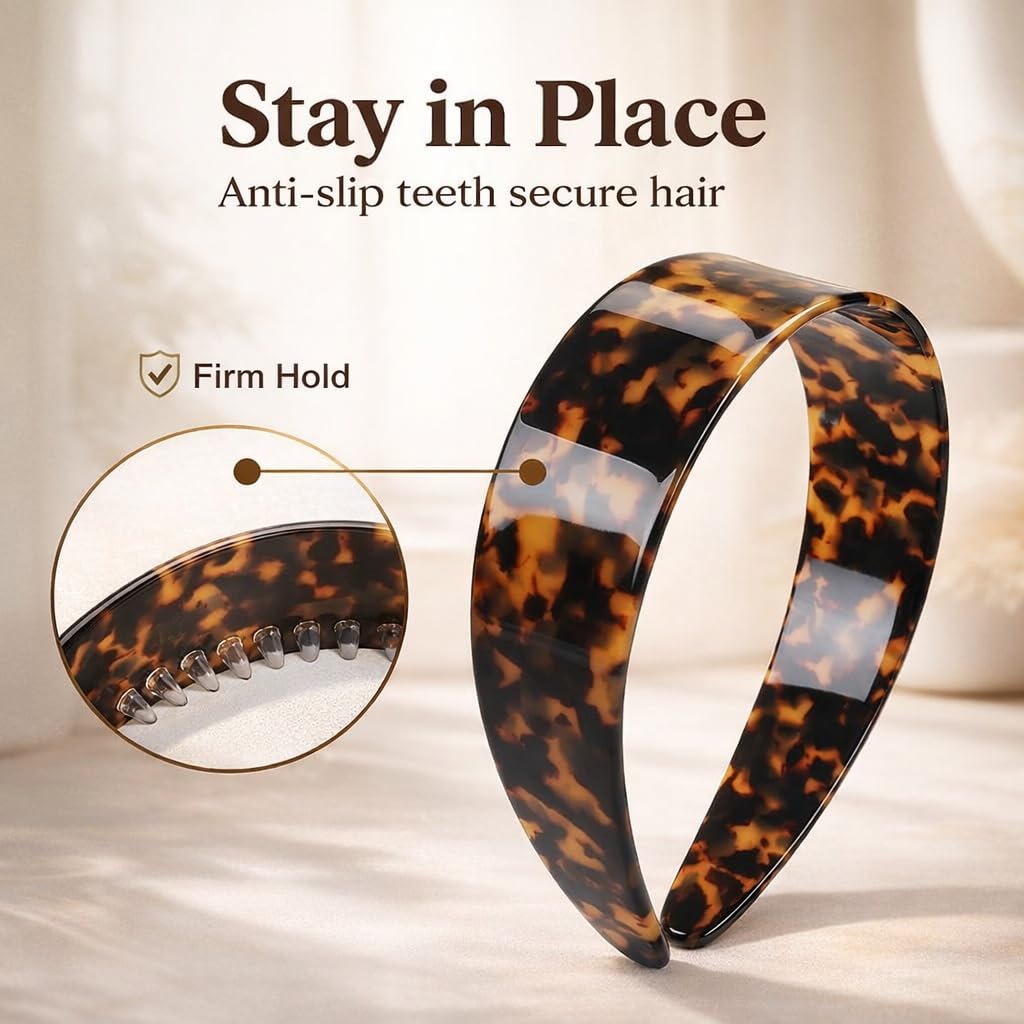 Wide Tortoise Shell Acetate Headband for Women, 1.5 Inch Adjustable No-Slip Design with Teeth for Thick Hair, Comfortable Retro Style for Everyday Wear (3PC)