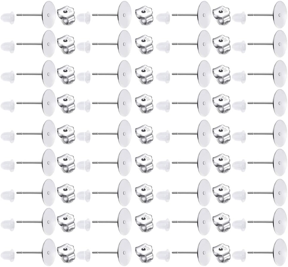 150 PCS 925 Sterling Silver Plated Earrings Posts Flat Pad Hypoallergenic Earring Posts and Backs Earring Studs Blanks for Jewelry Making Findings(8MM)