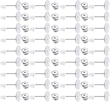150 PCS 925 Sterling Silver Plated Earrings Posts Flat Pad Hypoallergenic Earring Posts and Backs Earring Studs Blanks for Jewelry Making Findings8MM