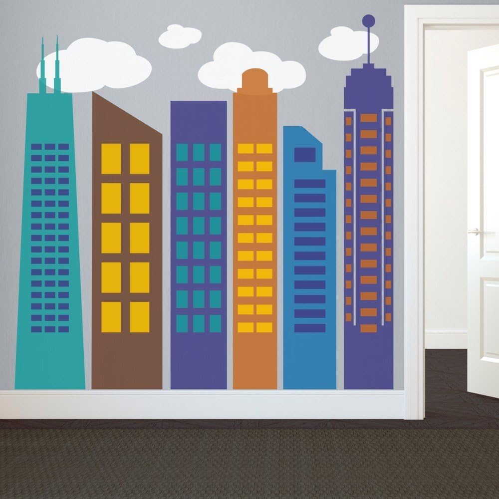 Bold Colorful Geometric City Wall Decal City Skyline Silhouette Wall Sticker Wall Mural Vinly Home Art Decoration D(1 outline & 2 windows:Teal;2 outline:Brown;3,6outline & 1,5 windows:Blue;4 outline & 6 windows:Dark Yellow;5 outline:Medium Blue;2,4 windows:Light Yellow;clouds:White)