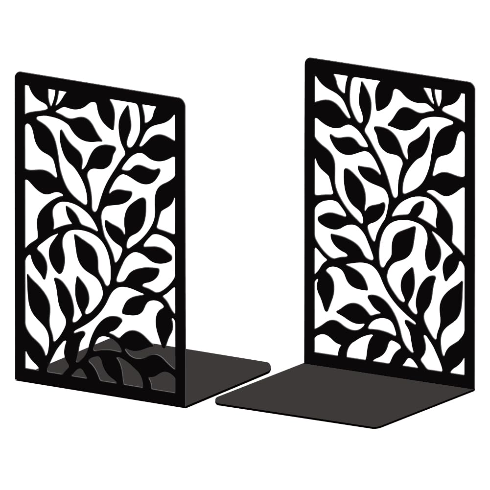 Peacoblue Metal Bookend Stopper Holder Stand for Shelves Decorative, 13.5x11x20cm Modern Creative Heavy Duty Study Book End for Desk Shelf, 1 Pair (Vine Leaves)