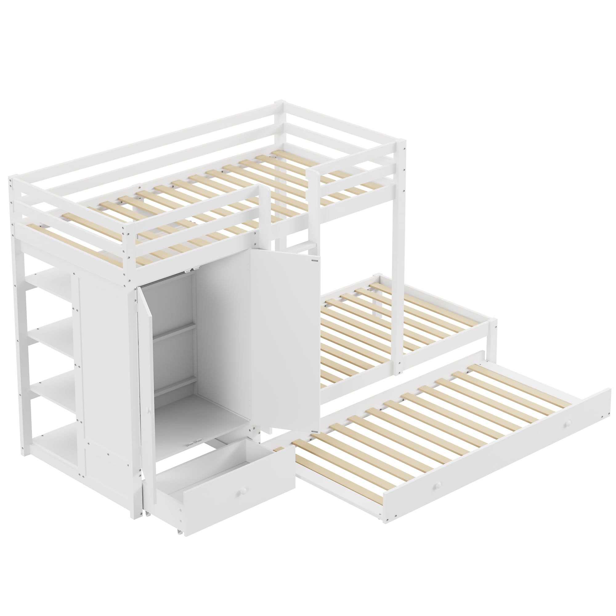 Letto a Castello 90x200 con Guardaroba Cassetti e Vano Aperto Letto Estraibile in Pino Compensato e MDF con Piano Aggiuntivo Lettino Singolo senza Materassi per Camera Bianco